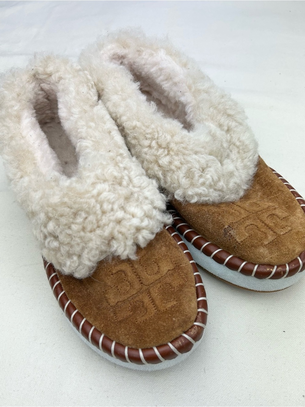 Tory Burch Women's Size 8.5 Brown Shearling Lined Slipper Shoe Cozy READ